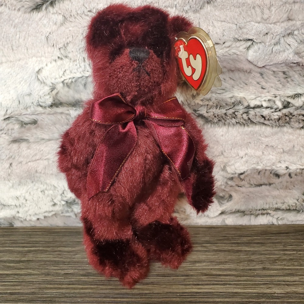 Ty Beanie BEARGUNDY Burgundy Jointed BEAR sheer Bow Retired EUC - Tags